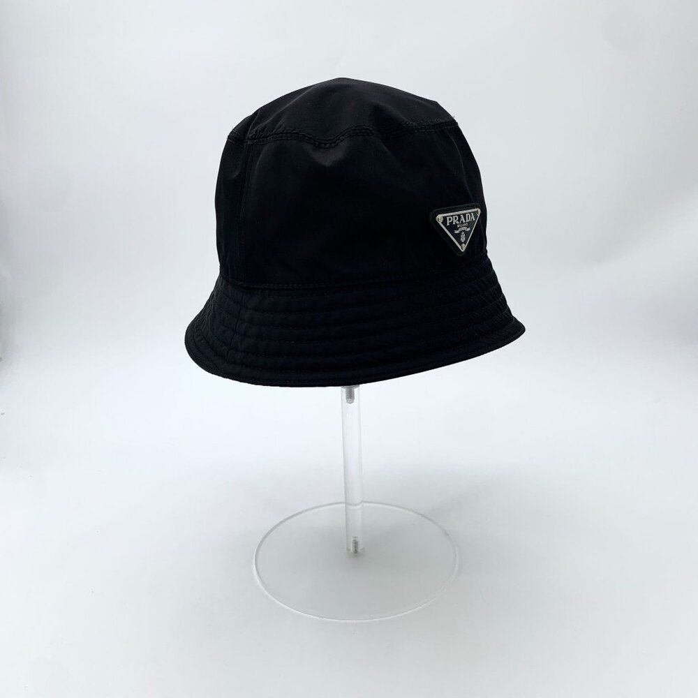 Prada Black Nylon Bucket Hat With Logo Plaque